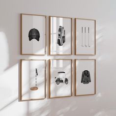 four framed photographs hang on the wall in front of a white wall with golf equipment