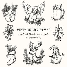 vintage christmas illustrations set with angel, snowman, santa hat and other holiday items