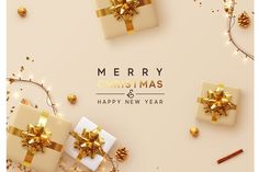 christmas presents with gold bows and confetti on a white background, merry christmas & happy new year