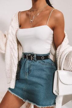 Isawitfirst White Double Layer Square Neck Bodysuit Wedding Dress Black, A Line Denim Skirt, Teenage Outfits, Square Neck Bodysuit, Skirt Denim, Skirt Mini, Mode Inspo, Girly Outfits