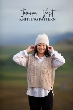 a woman wearing a knitted sweater and hat with text overlay that reads jumper vest knitting pattern