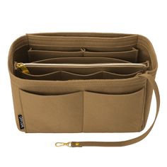 the inside of a brown purse with multiple compartments and a zippered pocket on one side