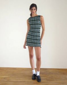 Green Mono Check Linen Mini Dress | Takayi – motelrocks-com-us Linen Mini Dress, Party Dress Long Sleeve, Long Black Dress, Green Print, Boat Neckline, Swimwear Sale, Party Dress Long, Summer Maxi Dress, Jacket Sale