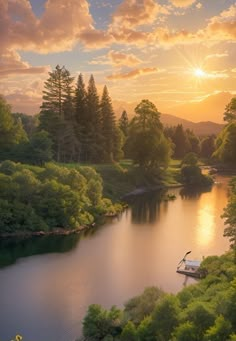 the sun is setting over a small lake