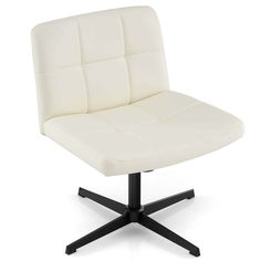 a white office chair with black legs and an upholstered seat pad on the back