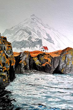 a painting of a house by the ocean with mountains in the background and water below