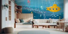 a child's room with a yellow submarine wall mural