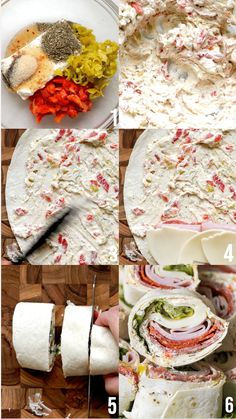 the steps to make a wrap with vegetables and meats on it are shown in four different pictures