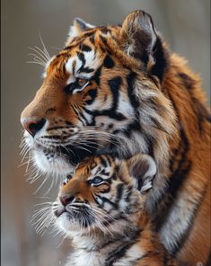 two young tigers are standing next to each other