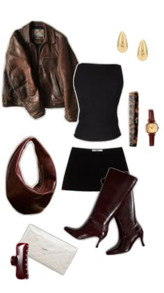 Leather jacket, brown jacket, brown leather jacket, top, tube top, boob tube, black top, black tube top, bandeau top, skirt, mini skirt, black mini skirt , boots, knee high boots, leather boots, red boots, bag, shoulder bag, handbag, brown bag, brown shoulder bag, watch, red watch, earrings, gold earrings, teardrop earrings, comb, claw grip, Outfit Ideas Night Out, Girls Winter Outfits, Girls Night Outfit, Going Out Outfit, Nashville Outfits, Causal Outfits, Simple Trendy Outfits, Going Out Outfits, Edgy Outfits