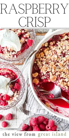 raspberry crisp in a white dish with spoons