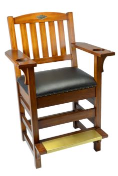 a wooden chair with a black leather seat