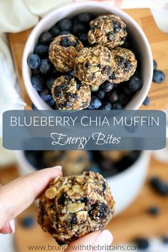 blueberry chia muffin energy bites in a bowl with the title above it