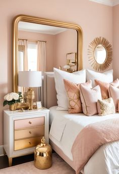 a bedroom with pink walls and white bedding, gold mirror on the wall above it