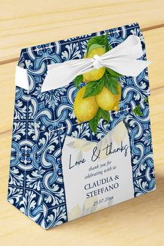 Blue tiles and lemon Amalfi Italian wedding thank Favor Box Microgreen Packaging, Positano Party, Amalfi Party, Royal Wedding Decorations, Italian Baby Showers, Lemon Themed Party, Italian Party, Amalfi Coast Wedding, Grad Party Decorations