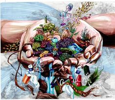 a painting of two hands holding various plants and flowers in the palm of someone's hand