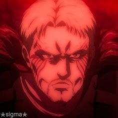 an anime character with red hair and demon horns on his head, staring at the camera