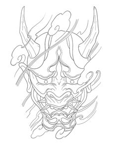 a drawing of a demon head with horns