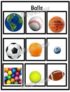 an image of different types of balls on a white background with black border around it