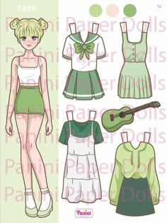 the paper doll is wearing green and white clothes with an instrument in her lapel