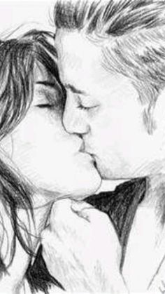 a pencil drawing of a couple kissing each other