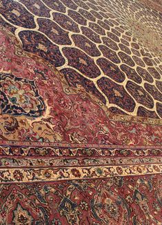 This is a silk and gold thread version of a Tabriz style rug. Tabriz, located to the north-west, is Iran's second oldest city and has been at the center of the rug-making world for hundreds, perhaps thousands of years. Most Tabriz rugs have powerful reds or blues with contrasting ivory background. Tabriz is the host to some of the most beautiful rugs in the world and can have the price tag to match. In general the knots are fairly dense. The foundation is normally cotton with a wool pile in most Iranian Carpet Living Room, Iranian Carpet, Purple Carpet, Hallway Carpet Runners, Carpet Trends, Cheap Carpet Runners, Carpet Living Room, Persian Art, Persian Culture