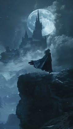 a woman standing on top of a cliff in front of a castle with a full moon