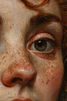 a painting of a child's face with freckled hair and blue eyes