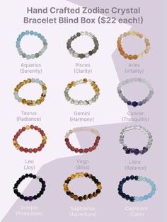 Unlock the mystery of the stars with the 8MM Horae Zodiac Signs Crystal Series Bracelet Blind Box! Dive into the excitement of the unknown and let the cosmos choose your perfect astrological match. This unique blind box features one of twelve handcrafted bracelets, each thoughtfully designed with natural crystals aligned to a specific zodiac sign. Whether you're an astrology lover or simply love surprises, this is the perfect way to discover a meaningful accessory that speaks to your soul. Each bracelet in this series is tailored to harness the energy of the zodiac signs, with carefully selected crystals that amplify your natural strengths and balance your energy. With the blind box, you'll receive a bracelet representing one of the twelve signs, creating a fun and exciting unboxing experi Spiritual Zodiac Sign Bracelet Gift, Chrismas Gifts, Unboxing Experience, Zodiac Bracelet, Energy Bracelets, Handcrafted Bracelets, Crystal Collection, Natural Crystals, Zodiac Signs