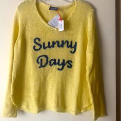 Nwt Wooden Ships Sweater Sunny Days Darling!! Muted Yellow And Denim Blue Writing, Perfect For Summer Over A Sundress, Denim Skirt Or Jeans. It Would Stay In My Closet If It Didnt Conjure Up Bad Memories!!! It’s A S/M, But Runs Large, Never Worn!! Muted Yellow, Sweater Autumn, Wooden Ship, Bad Memories, Birthday Girl, Denim Blue, Colorful Sweaters, Sunny Days, Sundress