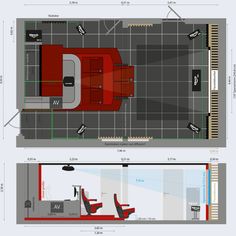 an overhead view of the floor plan for a car showroom with seating and desks