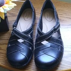 Never Worn. Size 9. They Are Comfortable And Cushiony With Quick On And Off Velcro Strap. Womens Clarks, Dress Shoes Womens, Shoes Brand, Shoes Color, Clarks Shoes, Velcro Straps, Leather Flats, Dress Codes, Shoe Brands