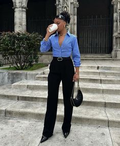 29 Women's Business Casual Fall Outfits: Stylish and Professional Ideas for Work Blue Shirt Work Outfit, Blue Shirt Office Outfit, Elevated Office Outfits, Clothes Color Combinations Woman Outfits, Blue Button Down Shirt Outfit Work, Blue Business Casual Outfits, Navy Blue Work Pants Outfit, Shirt And Trousers Women, High Waisted Outfits