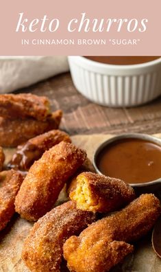 some fried food is on a plate with dipping sauces and keto churros in the background