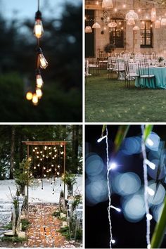 four different pictures with lights hanging from the ceiling and chairs on the ground in front of them