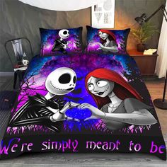 a bed with two cartoon characters on it and the words we're simply meant to be