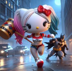 hello kitty running in the rain with her batgirl and catwoman figure next to her