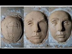 three clay faces are shown with different shapes and sizes, including one in the shape of a head