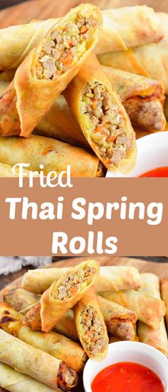 fried thai spring rolls on a plate with dipping sauce in the middle and an image of them