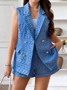 Plus Size Women Textured Sleeveless Blazer And Shorts Set Blue Elegant    Plain,Plants  Non-Stretch Spring/Fall Women Plus Clothing, size features are:Bust: ,Length: ,Sleeve Length: Sleeveless Blazer, Lace Dress Styles, Plus Size Suits, Blazer And Shorts, Kids Sleepwear, Shorts Set, Colorful Leggings, Plus Clothing, Short Sets