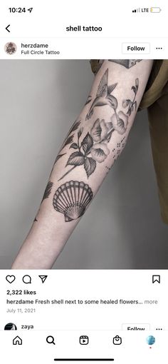 a person with a tattoo on their arm and the words shell tattoo written in black ink