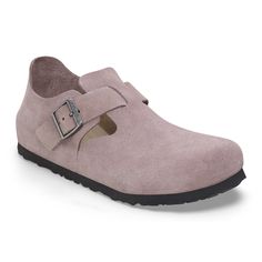 One of the first closed-toe styles from BIRKENSTOCK The London is the epitome of simplicity with clean lines and an adjustable buckle strap. The iconic footbed provides signature comfort and support. With an easy fit and feel it boasts a natural rustic look with a soft suede upper Anatomically shaped footbed Upper: suede Footbed lining: suede Sole: EVA Details: individually adjustable metal pin buckle “Made in Portugal” Casual Monk Strap Shoes With Leather Footbed, Casual Monk Strap Shoes With Buckle, Casual Monk Strap Shoes With Buckle Closure, Leather Closed Toe Flats With Textured Footbed, Pink Flat Comfortable Clogs, Casual Slip-on Monk Strap Shoes With Removable Insole, Birkenstock Clogs Purple, Casual Monk Strap Slip-on Shoes With Buckle, Casual Pink Slip-on Clogs