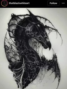 a black and white drawing of a dragon with intricate details on it's face