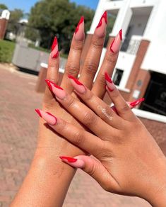 Pictures Of Acrylic Nails, Cute Pink And Red Nails, Candy Apple Red Nails Design, Classy Red Nails Design, Red Design Nails Acrylic, Red Nail Styles, Nude And Red Acrylic Nails, Nail Inspo Extra, Red Inspired Nails