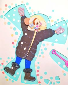 a paper cut out of a child's winter coat and mittens with scissors