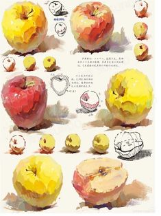 an image of apples with different types of fruit in the middle one is yellow and red