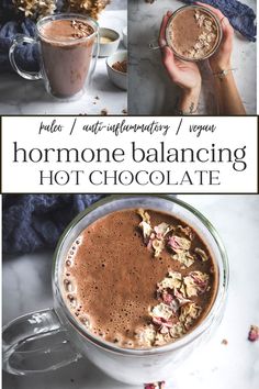 two photos of hot chocolate in mugs with text overlay