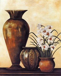 a painting of vases and flowers on a table