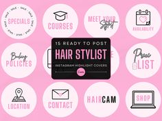 the 15 ready to post hair stylist stickers are in pink and white