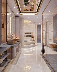 an elegant bathroom with marble floors and gold trimmings on the ceiling is shown